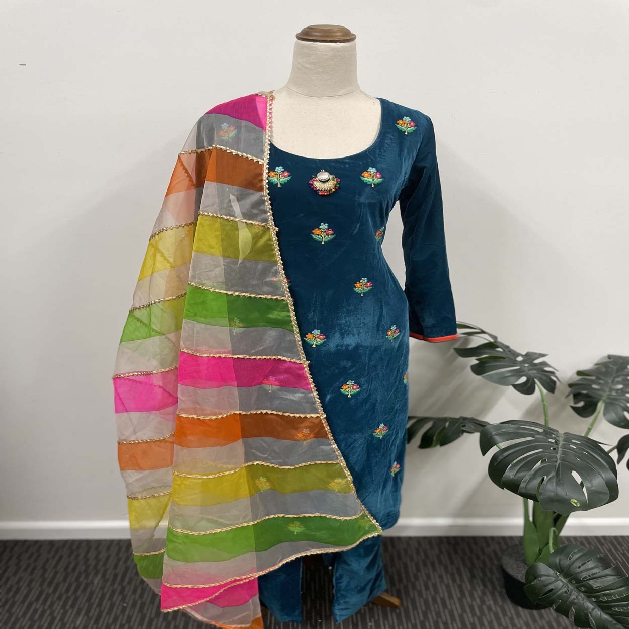 Velvet suit pant set with multicolored dupatta