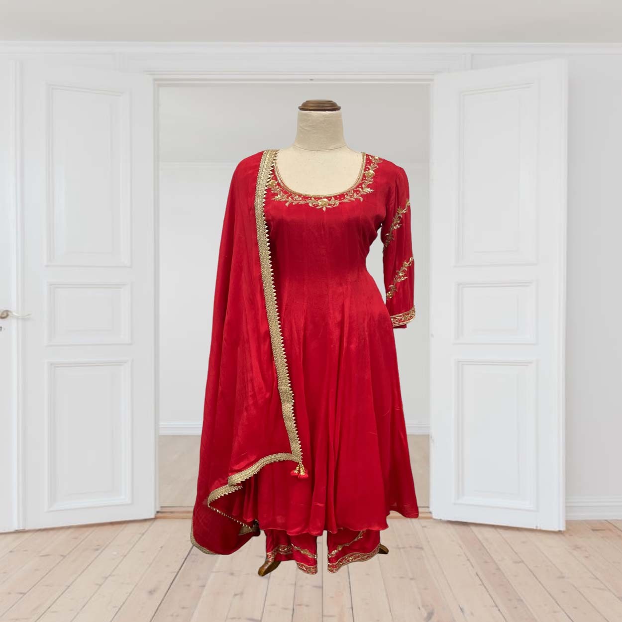 Red chinon anarkali with palazzo pants