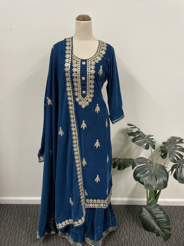 Teal Blue velvet shirt teamed with shawl and skirt
